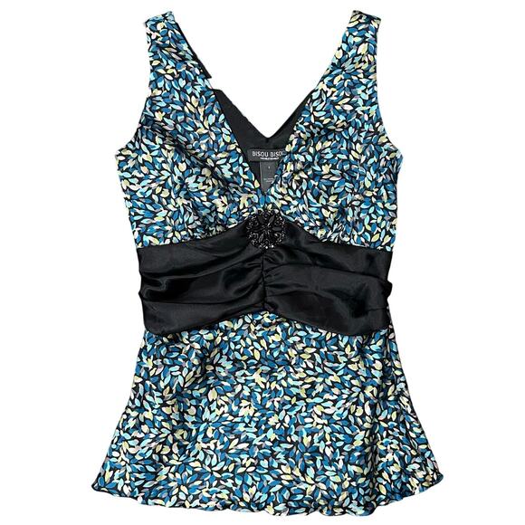 Bisou Bisou Y2K Top Blue Black Satin Sleeveless V-Neck Side Zip 2000s Size 2 - Picture 1 of 5